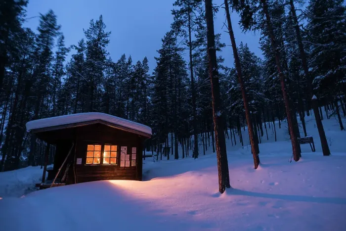 Framed Print : Log cabin with fire inside, winter, Lemmenjoki National Park, Finland, Europe