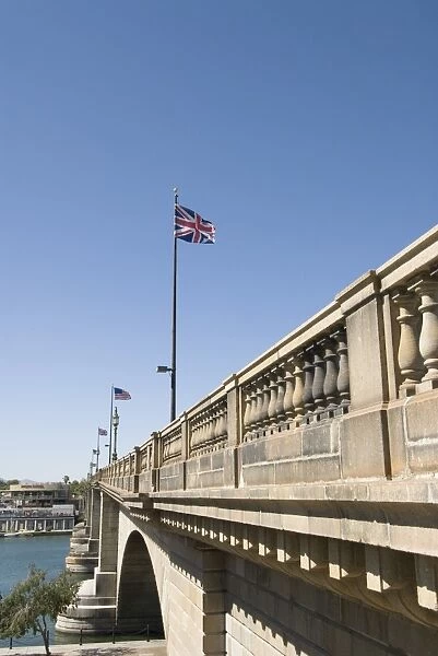 London Bridge with British flag in foreground, Havasu, Arizona, United States of America
