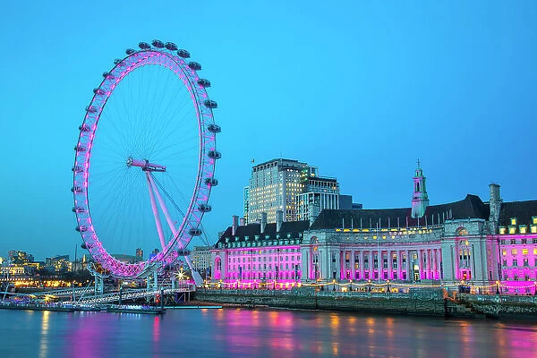 London Eye and London County Hall buiding, at dusk, River Thames, London, England, United Kingdom, Europe
