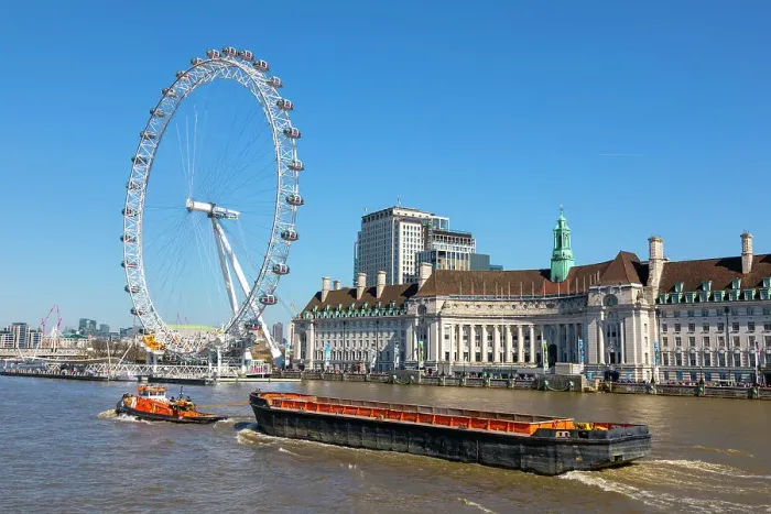 Framed Print : London Eye, tug boat and barge, River Thames, London, England, United Kingdom, Europe Framed Print : London Eye, tug boat and barge, River Thames, London, England, United Kingdom, Europe