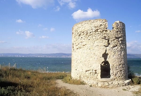 Lone bastion overlooking sea in town of Nesebar, Bulgaria, Europe