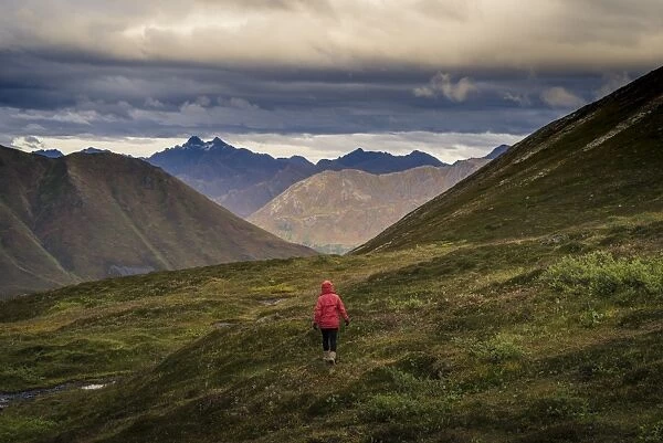 Lone hiker walks into Alaskan wilderness, Alaska, United States of America, North America