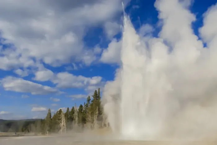 Framed Print : Lone observer watches Grand Geyser erupt, Upper Geyser Basin, Yellowstone National Park, UNESCO World Heritage Site, Wyoming, United States of America, North America Framed Print : Lone observer watches Grand Geyser erupt, Upper Geyser Basin, Yellowstone National Park, UNESCO World Heritage Site, Wyoming, United States of America, North America