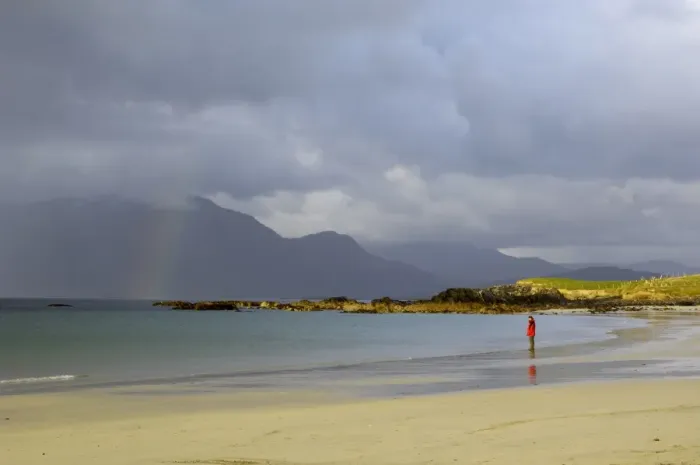 Framed Print : Lone person on a sandy beach under a stormy sky Framed Print : Lone person on a sandy beach under a stormy sky