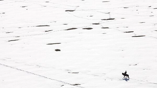 A lonely horse rider on the frozen plains of Mongolia, Central Asia, Asia