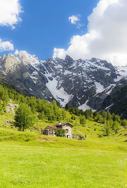 Lonely traditional hut in a wild alpine valley, Val d Arigna, Orobie, Valtellina, Lombardy, Italy. Europe