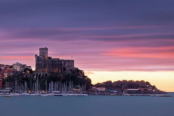A long exposure to capture the sunrise at Lerici Castle, La Spezia province, Liguria, Italy, Europe