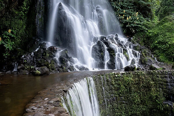 Long exposure of Cascata da Ribeira dos Caldeiroes waterfall on Sao Miguel island, Azores Islands, Portugal, Atlantic, Europe