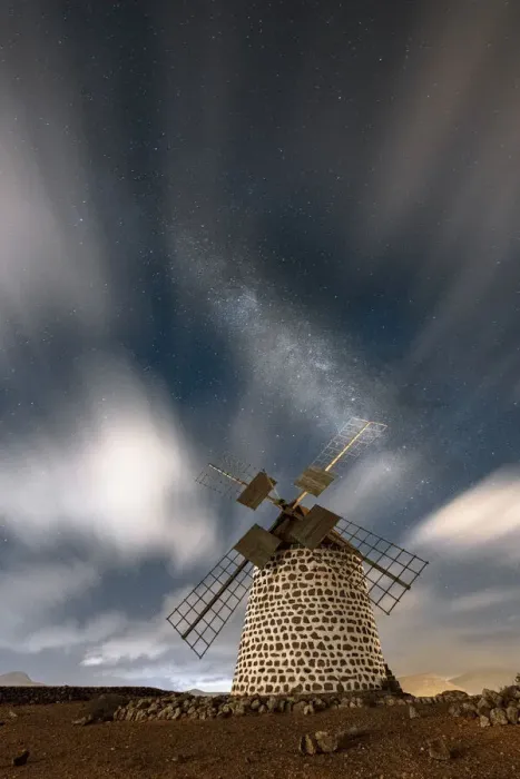 Framed Print : Long exposure image of clouds in the night sky over the old windmill, La Oliva Framed Print : Long exposure image of clouds in the night sky over the old windmill, La Oliva