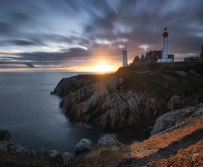 Framed Print : Long exposure panorama of a sunset with coloured clouds at Saint Mathieu Lighthouse, Finistere, Brittany, France, Europe Framed Print : Long exposure panorama of a sunset with coloured clouds at Saint Mathieu Lighthouse, Finistere, Brittany, France, Europe