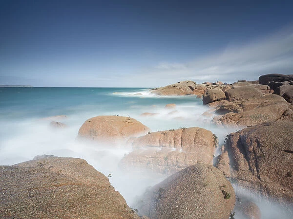 Long exposure of water and cliffs of the Cote de Granit Rose, Brittany, France, Europpe