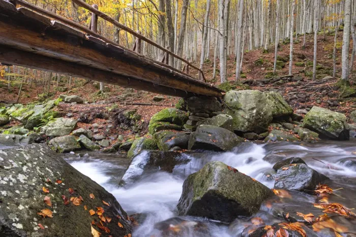 Framed Print : Long exposure waterfalls and a wooden bridge in autumn, Parco Regionale del Corno alle Framed Print : Long exposure waterfalls and a wooden bridge in autumn, Parco Regionale del Corno alle
