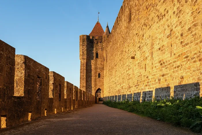 Framed Print : Long Stone Walkway Beside Fortress Walls in Carcassonne, France Framed Print : Long Stone Walkway Beside Fortress Walls in Carcassonne, France