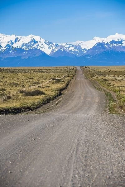 Long straight road to Perito Moreno Glaciar, El Calafate, Patagonia, Argentina, South