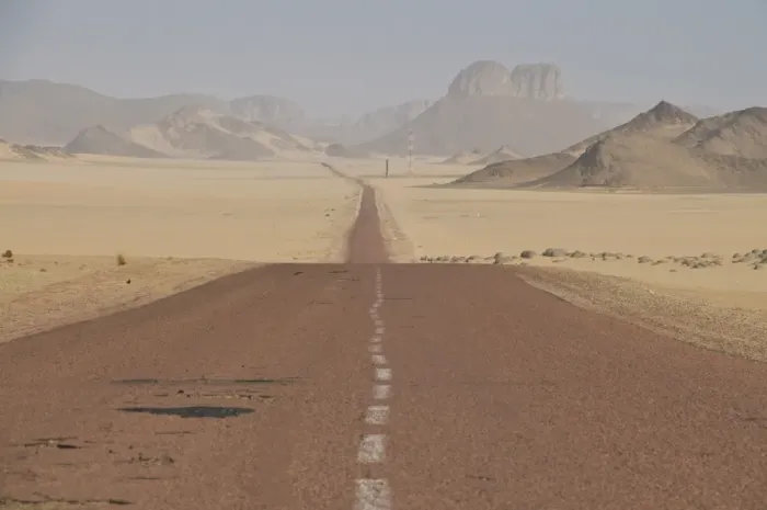 Framed Print : Long straight road in the Sahara Desert, Algeria, North Africa, Africa Framed Print : Long straight road in the Sahara Desert, Algeria, North Africa, Africa
