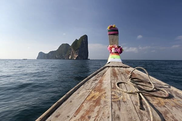 Long-tail boat and Phi Phi Lay Island, Krabi Province, Thailand, Southeast Asia, Asia