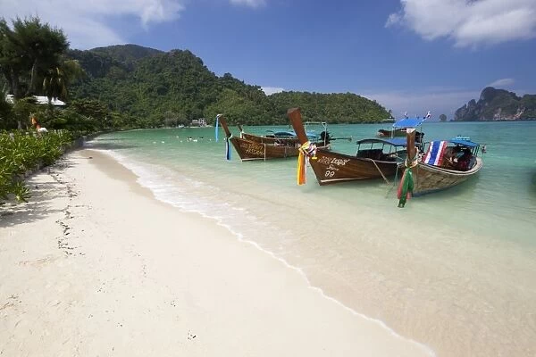 Long-tail boats and beach of Ao Dalam bay, Koh Phi Phi, Krabi Province, Thailand, Southeast Asia, Asia