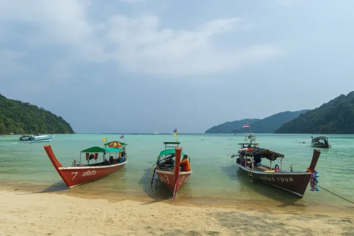 Framed Print : Three long tailed boats on a sandy beach, Thailand, Southeast Asia, Asia Framed Print : Three long tailed boats on a sandy beach, Thailand, Southeast Asia, Asia