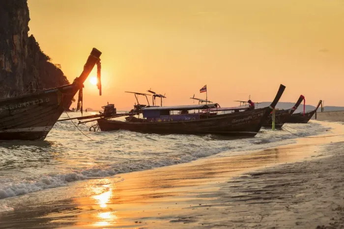 Framed Print : Longtail boats at Phra Nang Beach at sunset, Rai Leh Peninsula, Krabi Province, Thailand