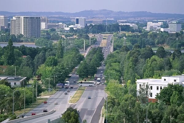 Looking from Capital Hill along Commonwealth Avenue towards Vernon Circle in the centre of the capital city, Canberra, Australian Capital Territory (A. C. T. )