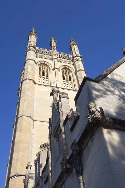Looking up at chapel tower of Magdalen College, Oxford, Oxfordshire, England