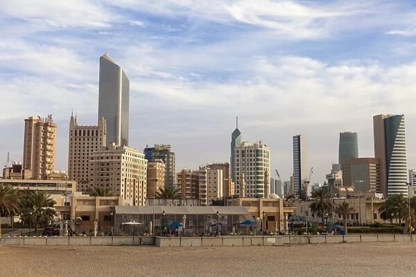 Looking towards city center buildings from a beach on Arabian Gulf Street, Sharq, Kuwait City, Kuwait, Middle East