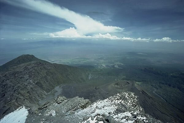 Looking out over cone and crater of Mount Meru, 4565m, Arusha National Park