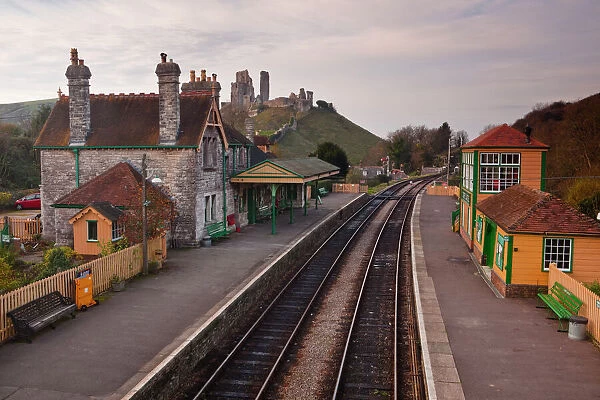 Looking across Corfe Castle station from the footbridge, Dorset, England, United Kingdom, Europe