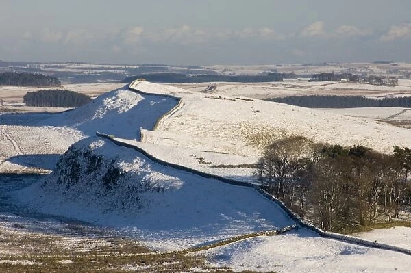 Looking east over the north wall to Sewingshields Crag, Housesteads Roman Fort