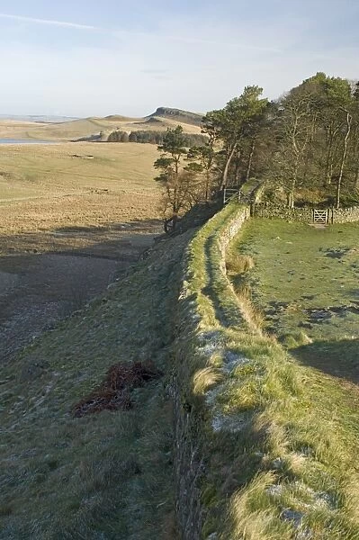 Looking east from wall of Milecastle 37 to Sewingshields Crag and Broomlee Lough