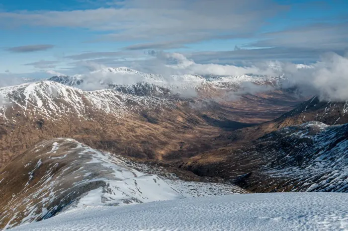 Framed Print : Looking down into Fionngleann in winter from Brothers Ridge in Kintail with the hills of Framed Print : Looking down into Fionngleann in winter from Brothers Ridge in Kintail with the hills of