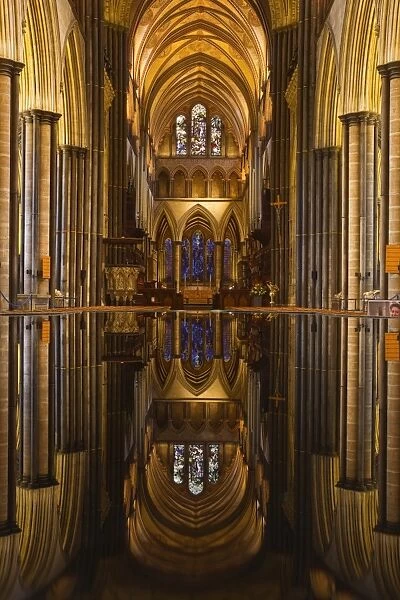Looking across the font and down the nave of Salisbury Cathedral, Wiltshire, England, United Kingdom, Europe