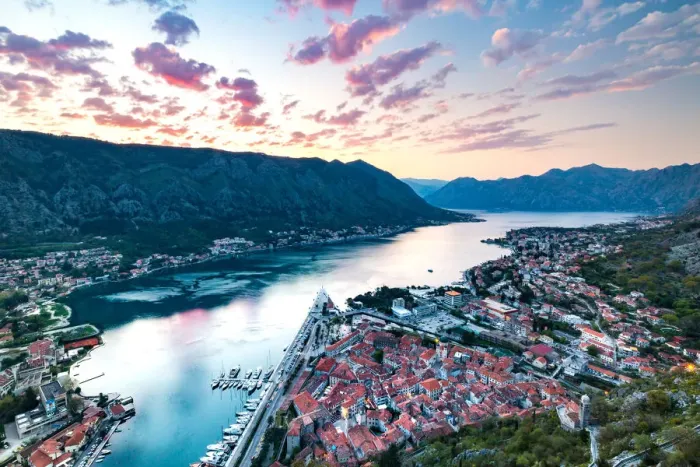 Framed Print : Looking over the Old Town of Kotor and across the Bay of Kotor viewed from the fortress at sunset Framed Print : Looking over the Old Town of Kotor and across the Bay of Kotor viewed from the fortress at sunset
