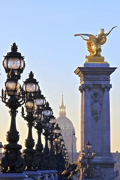 Looking across the Pont Alexandre III to the Dome Church, Paris, France, Europe