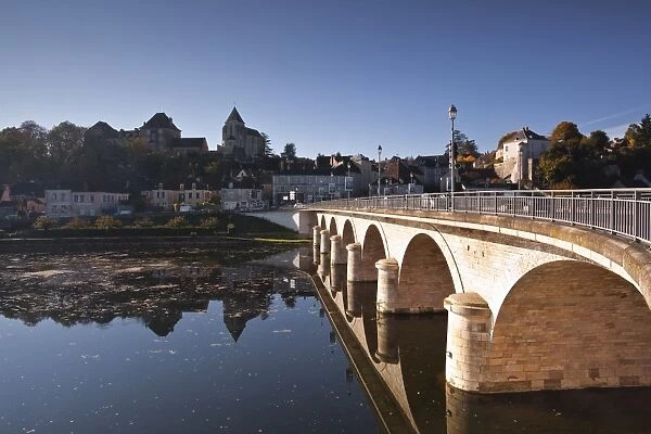 Looking across the River Creuse in the town of Le Blanc, Indre, Loire Valley, France, Europe