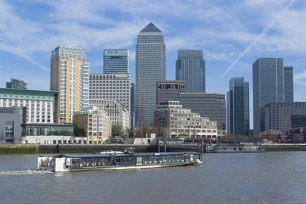 Looking across the River Thames from Rotherhithe towards Canary Wharf, Isle of Dogs