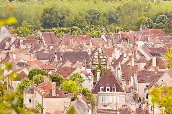 Looking down on the rooftops of Noyers sur Serein from the old chateau above the village, Yonne, Burgundy, France, Europe