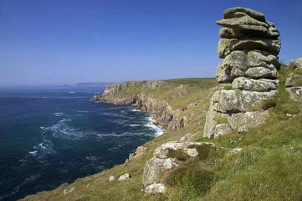 Looking to Sennen Cove from Lands End, summer sunshine, Cornwall, England, United Kingdom, Europe
