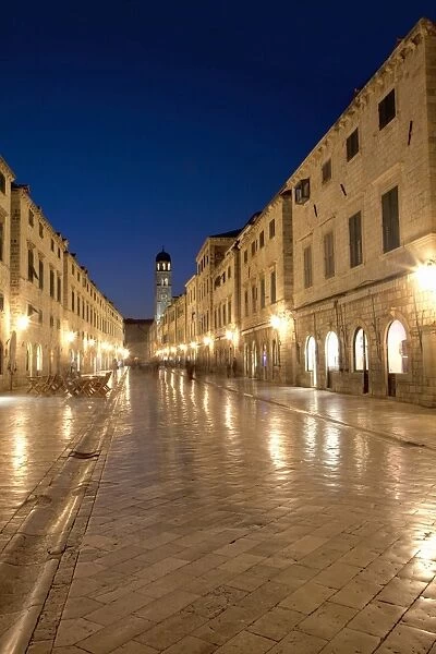 Looking along Stradrun at dusk, Old Town, Dubrovnik, Croatia, Europe