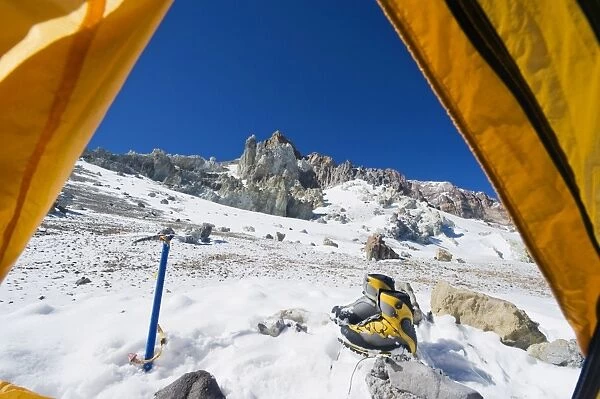 Looking out of a tent at White Rocks campsite, Piedras Blancas, 6200m, Aconcagua 6962m