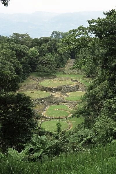 Looking down from viewpoint on excavated site of pre-Columbian city, Guayabo National Monument
