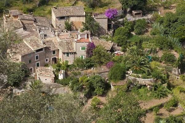 Looking down on village houses, Deia, Majorca, Balearic Islands, Spain, Europe