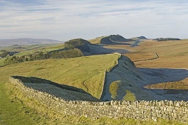 Looking west from Kings Hill to Housesteads Roman Fort and crag, Cuddy and Hotbank Crags