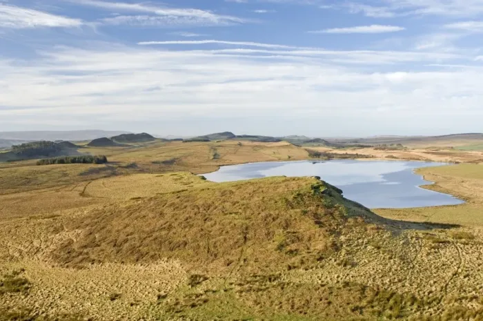 Framed Print : Looking west from Sewingshields Crag over Broomlee Lough with the line of Hadrians Wall following the crags on skyline, Hadrians Wall, UNESCO World Heritage Site, Northumbria, England, United Framed Print : Looking west from Sewingshields Crag over Broomlee Lough with the line of Hadrians Wall following the crags on skyline, Hadrians Wall, UNESCO World Heritage Site, Northumbria, England, United