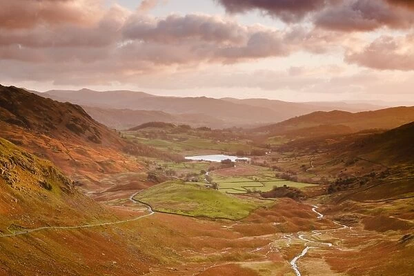 Looking down the Wrynose Pass to Little Langdale in the Lake District National Park, Cumbria, England, United Kingdom, Europe