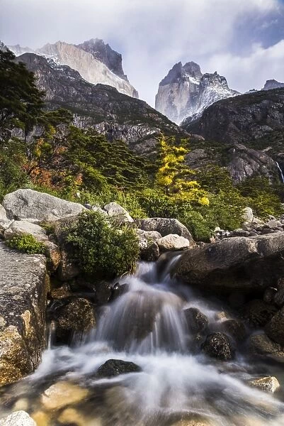 Los Cuernos and a waterfall in Torres del Paine National Park (Parque Nacional Torres del Paine)