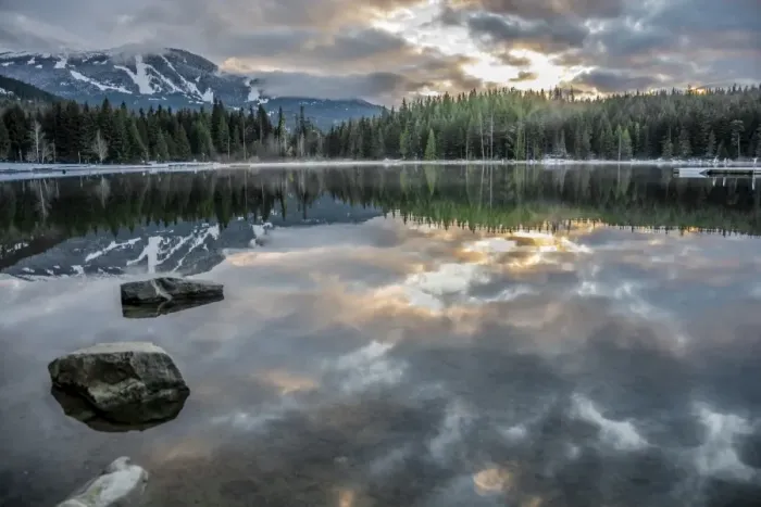 Framed Print : Lost Lake, so still it gives a perfect reflection of the sunset, ski hill and surrounding forest Framed Print : Lost Lake, so still it gives a perfect reflection of the sunset, ski hill and surrounding forest