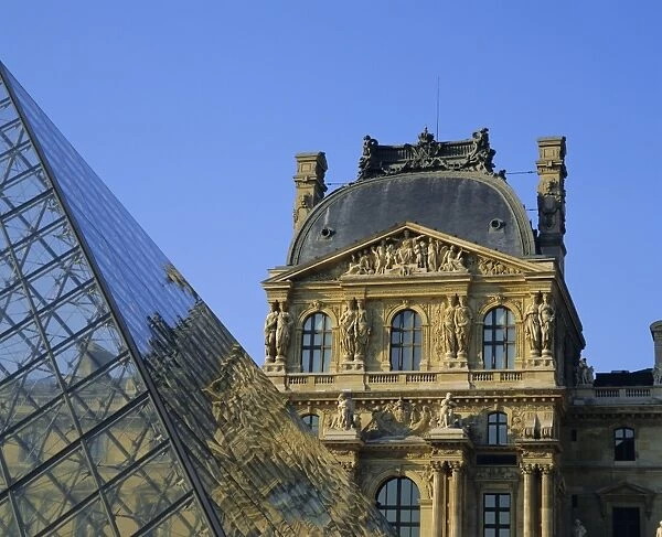 Detail of the Louvre and pyramid, Paris, France, Europe