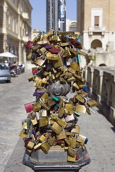 Love security locks, Sant Oronzo square, Lecce, Lecce province, Puglia, Italy, Europe