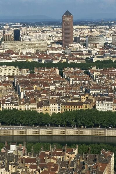 Low aerial view from Basilique Notre Dame de Fourviere over houses, tower blocks